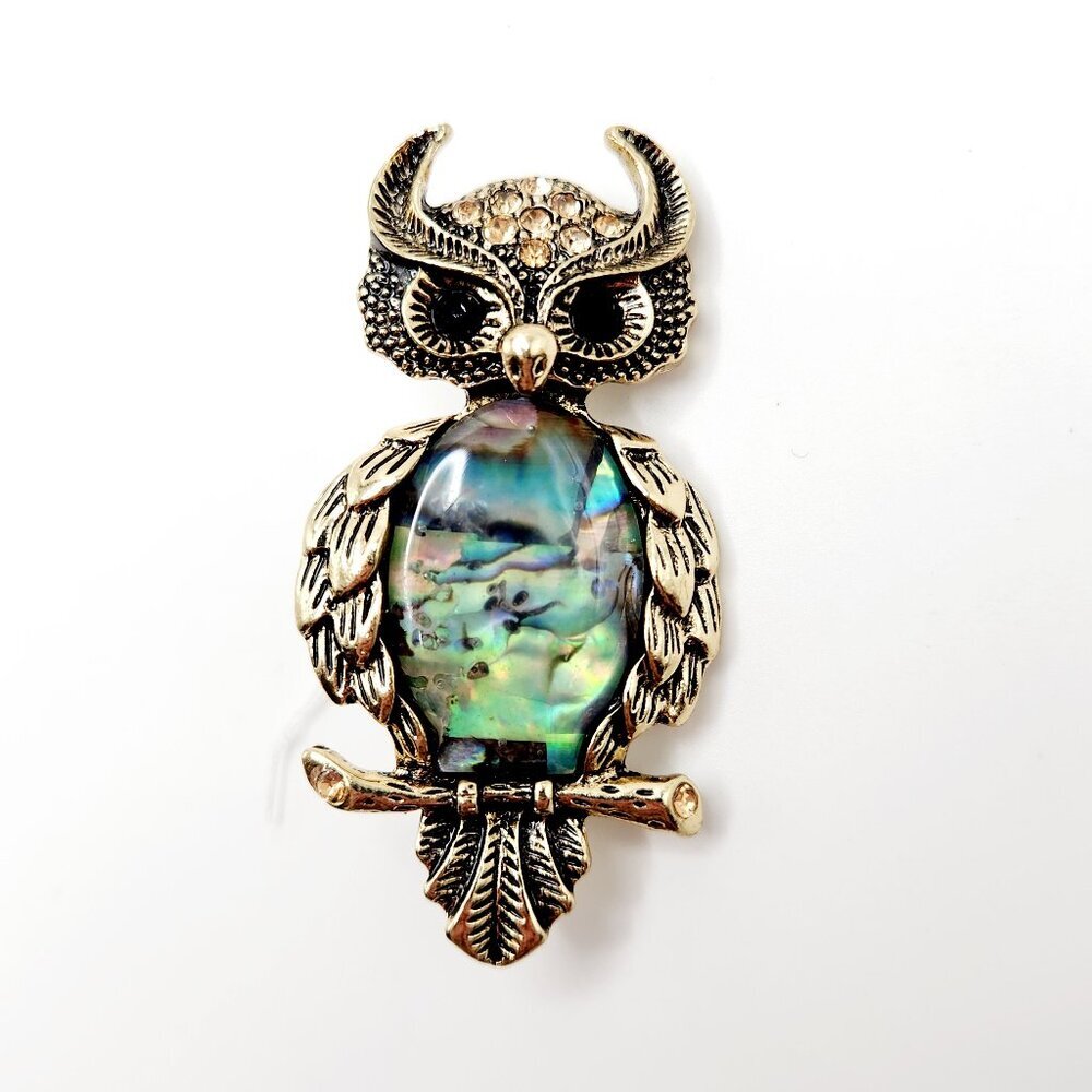 Owl Bird Lover Aged Gold Tone Abalone Cabochon Belly Large Brooch